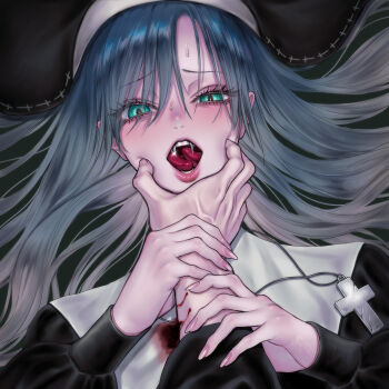 1boy 1girl blood blue_hair cross cross_necklace fangs forked_tongue glint grabbing_another&#039;s_arm grabbing_another&#039;s_face green_background green_eyes hair_between_eyes head_grab highres jewelry lips long_hair long_sleeves lying meme necklace nun omochi0142 on_back open_mouth original pov pov_cheek_grabbing_(meme) pov_hands puffy_long_sleeves puffy_sleeves solo_focus sweat tongue upper_body veins veiny_hands