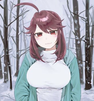 1girl :3 absurdres ahoge alternate_universe bare_tree blush breasts chara_(facing_demons) commentary_request facing_demons forest frisk_(undertale) green_jacket hands_in_pockets heart_soma highres jacket large_breasts looking_at_viewer medium_hair nature smile snow sweater tagme tree undertale utdr_(toby_fox) white_sweater