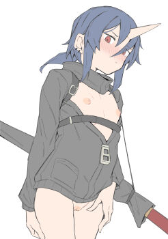 1girl absurdres blue_hair blush bottomless buckle cleft_of_venus cowboy_shot ear_piercing flat_chest flat_color hair_between_eyes hand_on_own_thigh highres horns jacket katana loli naked_jacket nipples original partially_unzipped piercing pussy red_eyes sheath sheathed simple_background single_horn skin-covered_horns solo sword weapon white_background zettai_yarumoni zipper_pull_tag