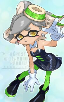 1girl bare_shoulders black_boots black_dress blue_background boots bow-shaped_hair breasts collar commentary_request cross-shaped_pupils detached_collar dress earrings gloves green_hair green_pantyhose grey_hair highres inkling jewelry looking_at_viewer marie_(splatoon) medium_hair mole mole_under_eye multicolored_hair nintendo pantyhose parted_lips pointing pointing_at_viewer pointy_ears small_breasts solo splatoon_(series) strapless strapless_dress symbol-shaped_pupils tentacle_hair thick_eyebrows watermark white_collar white_gloves yellow_eyes z8229z