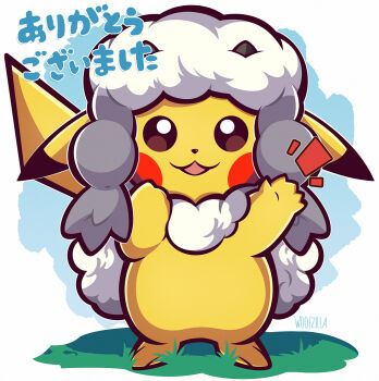 arm_up bright_pupils brown_eyes commentary cosplay english_commentary full_body gen_1_pokemon gen_8_pokemon grass highres looking_at_viewer nintendo no_humans open_mouth pikachu pokemon pokemon_(creature) signature simple_background solo standing translation_request white_background white_pupils woofzilla wooloo wooloo_(cosplay)