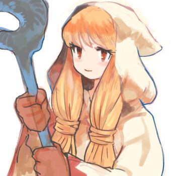 1girl blonde_hair brown_gloves closed_mouth final_fantasy final_fantasy_tactics gan2 gloves highres holding holding_staff hood hood_up hooded_robe long_hair long_sleeves mage_staff no_nose red_eyes red_trim robe simple_background smile solo staff upper_body white_background white_mage white_mage_(fft) white_mage_(final_fantasy) white_robe wide_sleeves