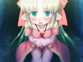 Rule 34 | 1girl, bare shoulders, blush, bow, breasts, clothed after sex, collarbone, cowboy shot, cum, cum in pussy, cumdrip, cumdrip through clothes, cumdrip through panties, curtained hair, ear blush, elf, green eyes, green hair, hair bow, hands on own stomach, holding, holding towel, jewelry, juusha-chan to yaya zannen na yuusha no hanashi, juusha (juusha-chan to yaya zannen na yuusha no hanashi), large variant set, layered sleeves, long hair, long sleeves, looking at viewer, necklace, open mouth, panties, pigeon-toed, pink skirt, pointy ears, ponytail, pussy juice, pussy juice stain, raised inner eyebrows, red bow, short over long sleeves, short sleeves, shoulder blush, sidelocks, skirt, small breasts, solo, stained panties, standing, sweat, third-party source, towel, underwear, variant set, wet, wet clothes, wet panties, white panties, yoshi (crossmind)