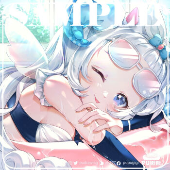 Rule 34 | 1girl, ;p, bangs pinned back, bare shoulders, blue bow, blue eyes, blurry, blurry background, blush, bow, breasts, closed mouth, commentary request, commission, day, depth of field, eyewear on head, from side, grey-framed eyewear, grey hair, hair bow, hair ribbon, horns, indoors, innertube, long hair, looking at viewer, lying, medium breasts, mini wings, on stomach, one eye closed, original, parted bangs, pupugigi, ribbon, sample watermark, smile, solo, swim ring, tongue, tongue out, transparent wings, upper body, watermark, white ribbon, window, wings