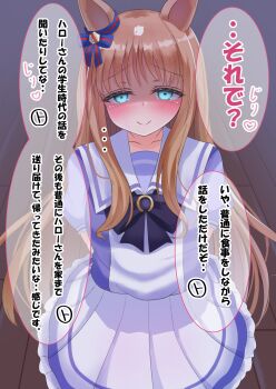 1girl animal_ears blue_eyes blush bow bowtie breasts brown_hair closed_mouth collarbone commentary_request ear_bow ear_ribbon grass_wonder_(umamusume) highres horse_ears horse_girl horse_tail long_hair looking_at_viewer lpikamasi multicolored_hair pleated_skirt puffy_short_sleeves puffy_sleeves purple_bow purple_bowtie purple_shirt sailor_collar sailor_shirt school_uniform shirt short_sleeves skirt smile solo speech_bubble tail tracen_school_uniform translation_request umamusume variant_set white_hair white_sailor_collar white_skirt