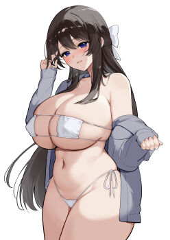 1girl absurdres bikini black_hair blue_eyes blush bow breasts cleavage eyepatch_bikini hair_bow highres huge_breasts jacket long_hair looking_at_viewer marumai navel open_clothes open_jacket open_mouth original side-tie_bikini_bottom simple_background smile solo standing swimsuit white_background white_bikini white_bow