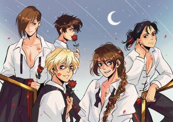 Rule 34 | 5boys, adam's apple, andythelemon, black eyes, black hair, blonde hair, blue eyes, braid, braided ponytail, brown hair, chang wufei, collarbone, collared shirt, crescent moon, cross, duo maxwell, eyelashes, flower, freckles, gundam, gundam wing, hair over one eye, heero yuy, holding, holding flower, holding rose, jewelry, lipstick mark, long hair, male focus, moon, multiple boys, necklace, open clothes, open shirt, pale skin, pectorals, petals, ponytail, quatre raberba winner, red ribbon, ribbon, rose, rose petals, shirt, short hair, smile, tagme, trowa barton, unbuttoned, unbuttoned shirt, white shirt