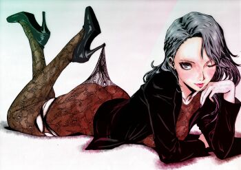 absurdres black_shoes blazer brown_eyes grey_hair high_heels highres jacket lace lace_pantyhose_hooked_on_heel_(meme) lace_shirt looking_at_viewer meme nail_polish niijima_sae oeilvert_fft pantyhose persona persona_5 pink_lips shoes torn_clothes torn_pantyhose