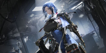 1girl ammunition_pouch armor black_gloves blue_dress blue_eyes blue_hair blue_nails breastplate breasts dalanxia detached_collar dp-12_(girls&#039;_frontline) dress dutch_angle girls&#039;_frontline girls&#039;_frontline_2:_exilium gloves gun hair_over_shoulder helen_(girls&#039;_frontline_2) highres huge_breasts indoors long_hair nail_polish necktie official_art partially_fingerless_gloves planted_gun pouch pump_action shotgun smile standard_manufacturing_dp-12 weapon