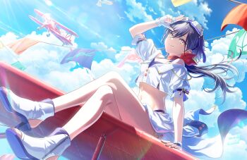 1girl aircraft airplane ao_no_tsubame_(love_live!) biplane black_hair blue_sky boots breasts cleavage closed_mouth cloud crop_top crop_top_overhang crossed_legs day game_cg goggles goggles_on_head highres katsuragi_izumi link!_like!_love_live! looking_at_viewer love_live! low_ponytail miniskirt navel non-web_source off_shoulder official_alternate_costume official_art open-toe_boots orange_eyes outdoors ponytail salute sitting skirt sky slit_pupils smile solo stomach string_of_flags toes two-finger_salute virtual_youtuber white_boots white_skirt