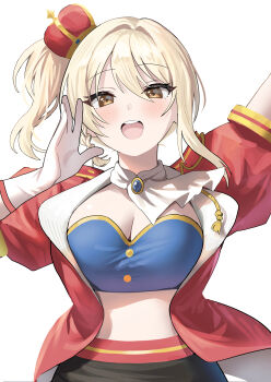 1girl absurdres arm_up bandeau black_skirt blonde_hair blue_bandeau blue_tube_top blush breasts brown_eyes circle_of_love_(love_live!) cleavage commentary_request crown gloves hair_between_eyes highres jacket large_breasts looking_at_viewer love_live! love_live!_nijigasaki_high_school_idol_club love_live!_nijigasaki_high_school_idol_club_the_movie_-_finale midriff mini_crown miyashita_ai open_clothes open_jacket open_mouth red_jacket side_ponytail simple_background skirt smile solo strapless tube_top upper_body white_background white_gloves yuu_(shampoohatslime)