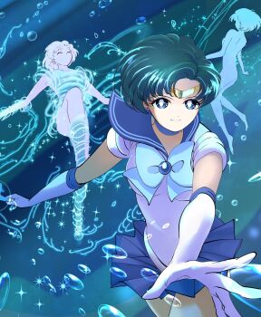 1girl back_bow bishoujo_senshi_sailor_moon blue_choker blue_eyes blue_hair blue_sailor_collar blue_skirt boots bow choker circlet elbow_gloves gloves henshin highres jewelry median_furrow mizuno_ami namisonpictures sailor_collar sailor_mercury sailor_senshi_uniform shirt short_hair skirt smile solo white_gloves white_shirt