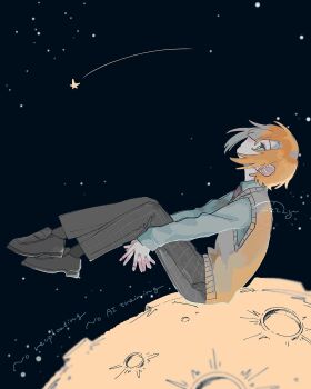 1boy black_pants blonde_hair commentary_request floating highres loafers long_sleeves looking_up male_focus moon nijisanji okirarenai_zzz pants school_uniform shirt shoes shooting_star short_hair sky solo space star_(sky) starry_sky sweater_vest uzuki_kou uzuki_kou_(3rd_costume) virtual_youtuber white_shirt yellow_sweater_vest