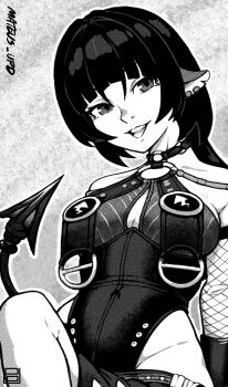 absurdres animal_ears cleavage_cutout clothing_cutout collar collarbone commentary english_commentary fishnets hair_between_eyes highres jane_doe_(zenless_zone_zero) jewelry looking_at_viewer mateus_upd mouse_ears mouse_girl multiple_rings one-piece_swimsuit open_mouth ring swimsuit tail zenless_zone_zero