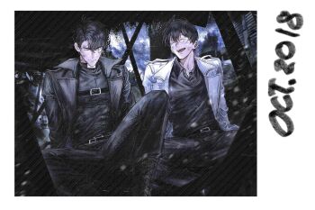 2boys black_coat black_hair black_shirt chest_belt closed_eyes coat dated dirty dirty_face feet_out_of_frame film_grain grin highres kim_dokja knee_up leaning_back multiple_boys omniscient_reader&#039;s_viewpoint open_clothes open_coat open_mouth outdoors photo_(object) popped_collar shirt short_hair sitting smile snowing toupou39 white_coat yoo_joonghyuk