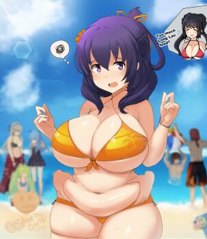 1girl absurdres ao_no_kiseki bare_shoulders beach belly belly_grab bikini blush breasts commentary cowboy_shot day disembodied_hand eiyuu_densetsu elie_macdowell english_commentary hair_ribbon hajimari_no_kiseki highres huge_breasts kea_(eiyuu_densetsu) lloyd_bannings looking_at_viewer orange_bikini outdoors plump randolph_orlando ribbon rixia_mao sen_no_kiseki sen_no_kiseki_(series) sen_no_kiseki_ii shanshan_(eiyuu_densetsu) short_hair solo_focus speech_bubble squiggle standing stormowl0 swimsuit thought_bubble tio_plato underboob weight_conscious weight_gain zero_no_kiseki