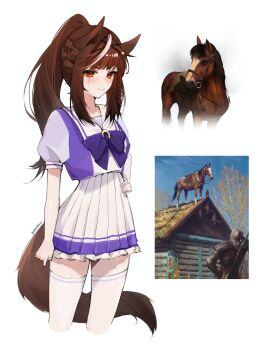 1boy 1girl absurdres animal_ears bow brown_hair closed_mouth commentary english_commentary geralt_of_rivia hand_on_own_hip highres horse_ears horse_girl horse_tail personification ponytail purple_bow red_eyes roach_(witcher) scar scar_on_face school_uniform screencap short_sleeves simple_background skirt smile solo_focus tail the_witcher_(series) the_witcher_3 thighhighs tracen_school_uniform umamusume white_background white_skirt white_thighhighs yuzureei