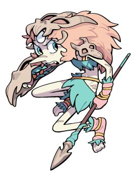 1girl alternate_costume alternate_hair_length alternate_hairstyle blue_eyes discount-supervillain forehead_jewel gem gem_(steven_universe) highres holding midriff navel open_mouth pale_skin pearl_(species)_(steven_universe) pearl_(steven_universe) pointy_nose polearm scar scar_on_face skirt solo spear steven_universe toes toon_(style) weapon