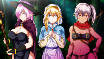 3girls anime_screenshot bare_shoulders black_cape blonde_hair blue_eyes blush bow_(weapon) braid breasts cape cleavage cloak closed_mouth cowboy_shot dark-skinned_female dark_elf dark_skin dress elena_(isekai_yaricir) elf female_focus gloves groin habit hand_on_own_hip hands_together happy hat holding holding_staff isekai_yaricir:_omae_no_mono_wa_ore_no_mono kirie_(isekai_yaricir) large_breasts long_hair long_sleeves looking_at_viewer medium_breasts medium_hair multiple_girls navel nun open_mouth outdoors pink_hair pointy_ears ponytail purple_eyes red_eyes scarf side_ponytail single_braid smile sonya_(isekai_yaricir) staff standing stitched strapless third-party_edit tube_top upper_body weapon white_dress white_hair witch witch_hat
