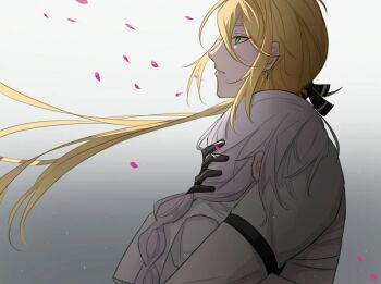 Rule 34 | 1boy, 1girl, bad id, bad lofter id, black gloves, blonde hair, bow, braid, cherry blossoms, collared shirt, couple, dress, ear piercing, gloves, gradient background, grey background, hair bow, hair flowing over, hetero, honkai (series), honkai impact 3rd, hug, kallen kaslana, leaning forward, leaning on person, light particles, long hair, looking up, low ponytail, otto apocalypse, parted lips, piercing, ponytail, shirt, single braid, standing, upper body, white dress, white hair, white shirt, wind, zhaomuym