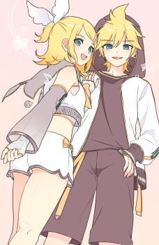 1boy 1girl ass ass_peek bare_shoulders blonde_hair blue_eyes brother_and_sister crop_top detached_sleeves fingerless_gloves from_behind g_hana gloves gluteal_fold hairband highres kagamine_len kagamine_len_(nt) kagamine_rin kagamine_rin_(nt) long_sleeves looking_at_viewer looking_back midriff open_mouth pink_background shirt short_hair short_shorts shorts siblings simple_background sleeveless standing swept_bangs twins vocaloid