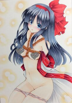 Rule 34 | 1girl, ainu clothes, arms behind back, bdsm, black hair, blue eyes, blush, bondage, bound, breasts, censored, embarrassed, hair ribbon, highres, legs, long hair, looking at viewer, medium breasts, nakoruru, navel, open clothes, open mouth, panties, panty pull, ribbon, samurai spirits, sitting, snk, solo, the king of fighters, thighs, tongue, traditional media, underwear
