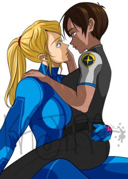 2girls arm_around_waist blonde_hair blue_bodysuit blue_eyes blush bodysuit breasts brown_eyes brown_hair commentary english_commentary eye_contact freckles hand_on_another's_face imminent_kiss kajira looking_at_another metroid metroid_prime_4:_beyond multiple_girls nintendo nora_armstrong parted_lips samus_aran short_hair simple_background sitting sitting_on_lap sitting_on_person sketch straddling upright_straddle very_short_hair yuri zero_suit