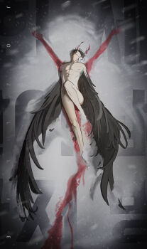 1boy abs black_hair black_wings bleeding blending blood convenient_censoring demon_horns feathered_wings harpy_boy head_tilt highres horns jozllie kim_dokja knee_up male_focus monster_boy omniscient_reader&#039;s_viewpoint outstretched_arms pectorals short_hair smeared_blood snow solo symbolism toned toned_male wings