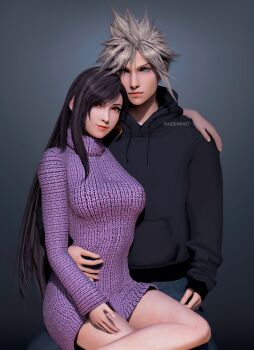 1boy 1girl 3d alternate_costume artist_request black_hair blonde_hair blue_eyes breasts casual cloud_strife couple cowboy_shot crescent crescent_earrings crescent_moon earrings final_fantasy final_fantasy_vii final_fantasy_vii_remake hand_on_another's_hip hood hoodie jewelry large_breasts long_hair long_sleeves looking_at_viewer moon purple_sweater raidenwgt red_eyes red_lips spiked_hair square_enix sweater thighs tifa_lockhart