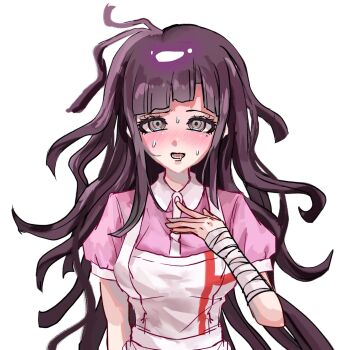 1girl apron bandaged_arm bandages black_hair blush breasts brown_eyes collared_shirt danganronpa_(series) danganronpa_2:_goodbye_despair highres large_breasts long_hair looking_at_viewer mole mole_under_eye open_mouth pink_shirt puffy_short_sleeves puffy_sleeves saliva shirt short_sleeves solo sweat toma0511toma tsumiki_mikan upper_body white_apron