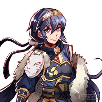 Rule 34 | 1girl, armor, blue hair, breastplate, closed mouth, commentary, english commentary, eyelashes, fire emblem, fire emblem awakening, fire emblem heroes, fox mask, grey eyes, gzei, headband, highres, long hair, lucina (fire emblem), lucina (ninja) (fire emblem), mask, mask on shoulder, ninja, nintendo, official alternate costume, official alternate hairstyle, ponytail, simple background, smile, solo, standing, unworn mask, upper body, white background