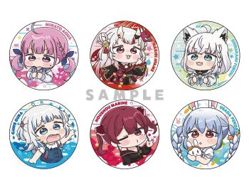 Rule 34 | 6+girls, :d, :o, black jacket, black kimono, blue dress, blue hair, blue ribbon, blue sailor collar, braid, breasts, carrot hair ornament, chibi, cleavage, commentary request, dress, fang, food-themed hair ornament, gawr gura, gawr gura (casual), gradient hair, grey hair, hair ornament, hair ribbon, hololive, hololive english, houshou marine, houshou marine (summer), jacket, japanese clothes, kimono, long sleeves, medium breasts, minato aqua, minato aqua (sailor), mochimiko, multicolored hair, multiple girls, nakiri ayame, nakiri ayame (1st costume), off shoulder, open mouth, parted lips, pekomon (usada pekora), pink hair, puffy long sleeves, puffy short sleeves, puffy sleeves, red eyes, red hair, ribbon, sailor collar, sample watermark, shirakami fubuki, shirakami fubuki (1st costume), shirt, short sleeves, sleeveless, sleeveless dress, smile, streaked hair, twin braids, twintails, two-tone hair, usada pekora, usada pekora (casual), virtual youtuber, watermark, white dress, white hair, white shirt, white sleeves, yurie mouth