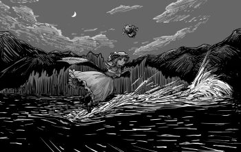 Rule 34 | 2girls, apron, bat wings, closed mouth, commentary request, crescent moon, crossed arms, floating, flying, frilled skirt, frills, full body, greyscale, hat, hat ribbon, highres, izayoi sakuya, lake, maid, maid headdress, medium hair, monochrome, moon, multiple girls, night, outdoors, remilia scarlet, ribbon, shirt, shoes, skirt, sky, smile, super-flat-world, touhou, waist apron, wide shot, wings