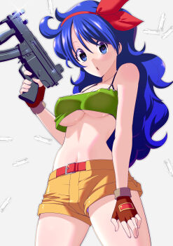 1girl absurdres belt blue_eyes blue_hair breasts brown_gloves bullet covered_erect_nipples crop_top dragon_ball dragon_ball_(classic) fingerless_gloves gloves gun hair_ribbon highres holding holding_gun holding_weapon long_hair looking_at_viewer lunch_(dragon_ball) lunch_(good)_(dragon_ball) open_mouth red_ribbon ribbon shorts solo toku_sonchou weapon yellow_shorts