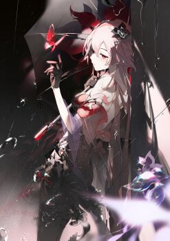 1girl absurdres adapted_costume against_wall backless_dress backless_outfit black_background black_dress black_gloves breasts bug butterfly closed_mouth dress evernight_(honkai:_star_rail) evey_(honkai:_star_rail) flower from_side gloves hair_flower hair_ornament highres holding holding_umbrella honkai:_star_rail honkai_(series) insect long_hair march_7th_(honkai:_star_rail) medium_breasts pink_hair rain red_butterfly red_eyes solo umbrella yeurei