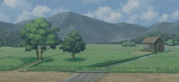 blue_sky bridge cloud day field game_cg grass hut mountain no_humans non-web_source official_art outdoors path road scenery sky stream touhou touhou_gensou_eclipse tree water_wheel wooden_bridge