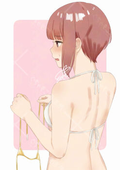 1girl adversarial_noise back bikini blunt_bangs blush breasts brown_eyes circle_name embarrassed from_behind gold_bikini holding holding_swimsuit holding_unworn_clothes kantai_collection micro_bikini open_mouth peanut_mouth red_hair sakiecho short_hair sidelocks signature small_breasts solo string_bikini sweat swimsuit unworn_bikini_top unworn_swimsuit upper_body watermark white_bikini z3_max_schultz_(kancolle) z3_max_schultz_(swimsuit)_(kancolle)