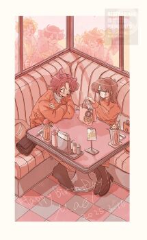 1girl 4boys akehoshi_subaru alternate_costume anzu_(ensemble_stars!) arms_on_table bag bangs_pinned_back booth_seating boots border brown_boots brown_hair character_name chokki_01 closed_mouth commentary crossed_arms dated ensemble_stars! from_above glass hair_between_eyes happy_birthday hidaka_hokuto highres holding holding_bag indoors isara_mao jacket long_hair long_sleeves looking_at_another looking_inside multiple_boys open_mouth orange_jacket orange_shirt red_hair shirt sitting trickstar_(ensemble_stars!) white_border window yuuki_makoto_(ensemble_stars!)