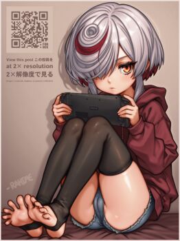 1girl ass barefoot bed bedroom cameltoe cleft_of_venus expressionless game_console hair_over_eyes hair_over_one_eye highres hood hooded_jacket hoodie indoors jacket knees legs_up looking_at_viewer messy_hair micro_shorts multicolored_hair partially_visible_vulva pussy rahime red_eyes revealing_clothes sage_(sonic) shorts sitting skindentation soles solo sonic_(series) sonic_racing:_crossworlds spread_toes steam_deck stirrup_legwear thighhighs toeless_legwear toes two-tone_hair white_hair