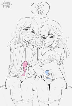 Rule 34 | 2boys, angel devil (chainsaw man), angel devil (chainsaw man) (cosplay), aroused, blush, chainsaw man, condom, condom on penis, cosplay, crop top, erection, formal clothes, gerudo set (zelda), greyscale, handjob, highres, interlocked mars symbols, link, link (cosplay), mars symbol, monochrome, multiple boys, multiple traps, mutual handjob, mutual masturbation, necktie, pants around ankles, penis, pointy ears, sitting, sleepy frippy, smile, spot color, suit, trap, trap on trap, yaoi