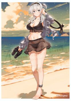 1girl beach bikini bikini_skirt black_bikini black_headband blue_sky breasts cleavage cloud commission day full_body grey_hair hair_between_eyes headband highres holding holding_sandals horizon kantai_collection large_breasts long_hair looking_at_viewer ocean one_side_up outdoors sandals see-through_clothes see-through_skirt shiomugi_(shio_mugi1107) skeb_commission skirt sky solo suzutsuki_(kancolle) suzutsuki_(swimsuit)_(kancolle) swimsuit unworn_sandals watermark