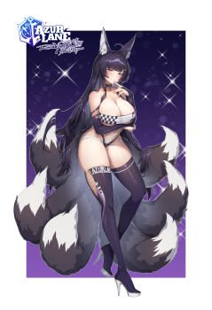 1girl absurdres animal_ear_fluff animal_ears azur_lane bare_shoulders black_hair breasts cleavage commentary facial_mark fox_ears fox_girl fox_tail highres huge_breasts large_breasts long_hair looking_at_viewer musashi_(azur_lane) purple_hair race_queen ringosan solo tail thighs very_long_hair whisker_markings yellow_eyes