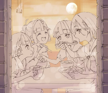 Rule 34 | 4girls, :d, ^ ^, ahoge, anyoji hime, blunt bangs, blunt ends, bob cut, bowl, braid, breast pocket, center-flap bangs, chopsticks, closed eyes, commentary request, eating, food, fried rice, from outside, greyscale with colored background, hair ornament, hasu no shoushihenkei, hasu no sora school uniform, highres, holding, holding chopsticks, holding spoon, indoors, kachimachi kosuzu, katsuragi izumi, lao ren xing, link! like! love live!, long hair, looking at another, love live!, momose ginko, multi-tied hair, multiple girls, neckerchief, open mouth, pocket, ponytail, profile, restaurant, sailor collar, school uniform, short hair, short sleeves, side braids, sitting, smile, spoon, summer uniform, triangle hair ornament, virtual youtuber, yellow background