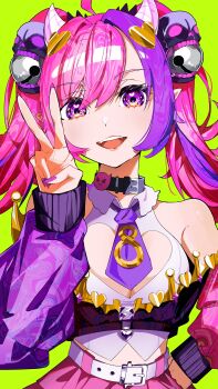 Rule 34 | 1girl, absurdres, ahoge, bell, belt, breasts, chattdraws, cleavage, clothing cutout, collar, demon girl, demon horns, green background, hair between eyes, hair ornament, heart, heart cutout, heart hair ornament, heart in eye, highres, horns, ironmouse, ironmouse outfit art contest, jacket, jingle bell, long hair, long sleeves, looking at viewer, multicolored hair, necktie, open mouth, pink hair, pink jacket, pink skirt, purple eyes, purple hair, purple jacket, purple nails, purple necktie, shirt, skirt, skull hair ornament, smile, streaked hair, symbol in eye, twintails, two-tone shirt, v, virtual youtuber, vshojo, white shirt