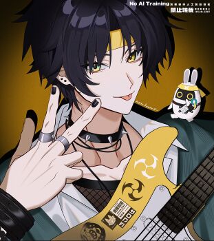 1boy absurdres aqua_jacket artist_name asaba_harumasa asaboo_(zenless_zone_zero) bangboo_(zenless_zone_zero) black_hair black_nails blue_eyes collar collarbone commentary earrings electric_guitar fishnet_top fishnets guitar heterochromia highres instrument jacket jewelry looking_at_viewer male_focus multicolored_eyes naru9 necklace orange_background parted_bangs portrait shirt short_hair solo spiked_collar spikes symbol-only_commentary tongue tongue_out w white_shirt yellow_eyes zenless_zone_zero