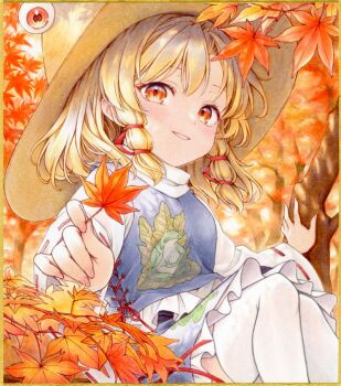 1girl animal_print autumn autumn_leaves blonde_hair blush brown_hat commentary_request frilled_skirt frills frog_print hair_ribbon hat holding holding_leaf in_tree leaf long_sleeves looking_at_viewer maple_leaf moriya_suwako orange_eyes outdoors pink_nails print_skirt print_vest purple_skirt purple_vest red_ribbon ribbon s.mamiya sitting sitting_in_tree skirt skirt_set solo thighhighs touhou tree tress_ribbon vest white_thighhighs wide_sleeves