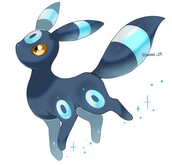 Rule 34 | alternate color, animal focus, artist name, black fur, commentary request, facial mark, forehead mark, gen 2 pokemon, iwasi 29, nintendo, no humans, pokemon, pokemon (creature), shiny pokemon, sparkle, tail, twitter username, umbreon, white background, yellow eyes