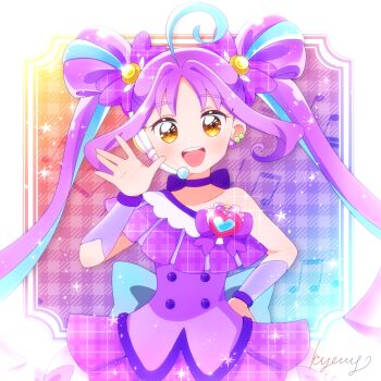 1girl :d ahoge artist_name back_bow beamed_eighth_notes blue_bow blue_hair bow brooch choker commentary cure_kyunkyun detached_sleeves double_bun dress earrings hair_bow hair_bun hand_on_own_hip headset heart heart_brooch jewelry kimi_to_idol_precure kyanos_(b_0000ff) large_bow looking_at_viewer multicolored_hair musical_note off-shoulder_dress off_shoulder open_mouth precure purple_bow purple_choker purple_dress purple_hair purple_sleeves shigure_kokoro short_dress sidelocks signature smile solo sparkle standing twintails two-tone_hair waving yellow_eyes