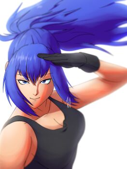 1girl blue_eyes blue_hair breasts female_focus huge_breasts jimblebimbler large_breasts leona_heidern long_hair looking_at_viewer military pale_skin ponytail shirt smile smiley_face tank_top the_king_of_fighters