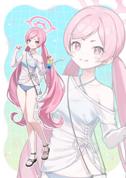 1girl bare_shoulders bikini blue_archive blue_bikini blush drinking_straw food gradient_background halo hands_up highres holding holding_food koyuki_(blue_archive) licking licking_lips long_hair long_legs long_sleeves low_twintails momomoi_momoi open-toe_shoes parfait pink_eyes pink_hair pink_halo see-through_clothes see-through_shirt shirt solo sparkle star-shaped_pupils star_(symbol) swimsuit symbol-shaped_pupils tied_shirt tongue tongue_out twintails uwu